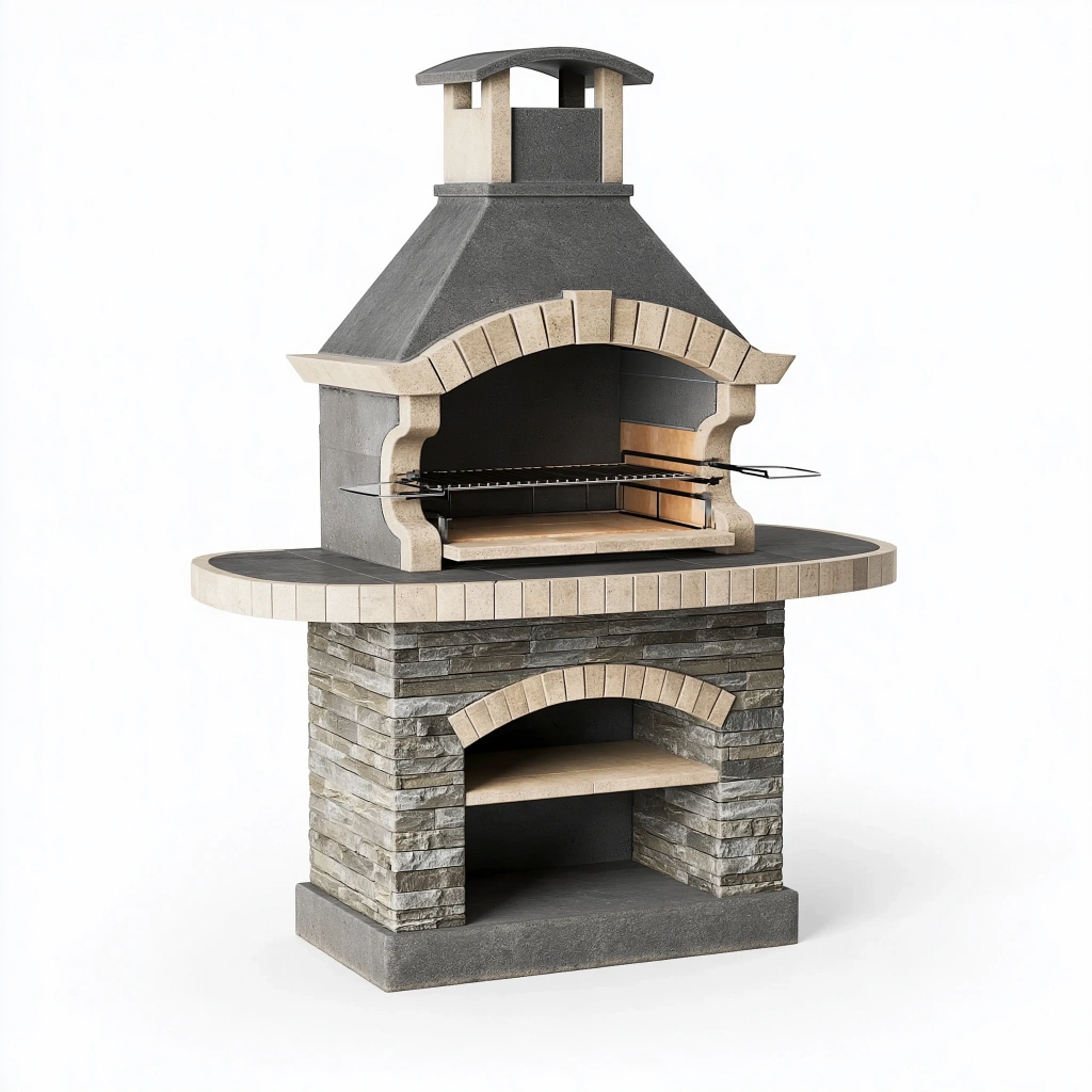 Gartenpizzaofen 120 x 80 x 190 cm aus Beton und Stein in Grau Beige mit Grillrost