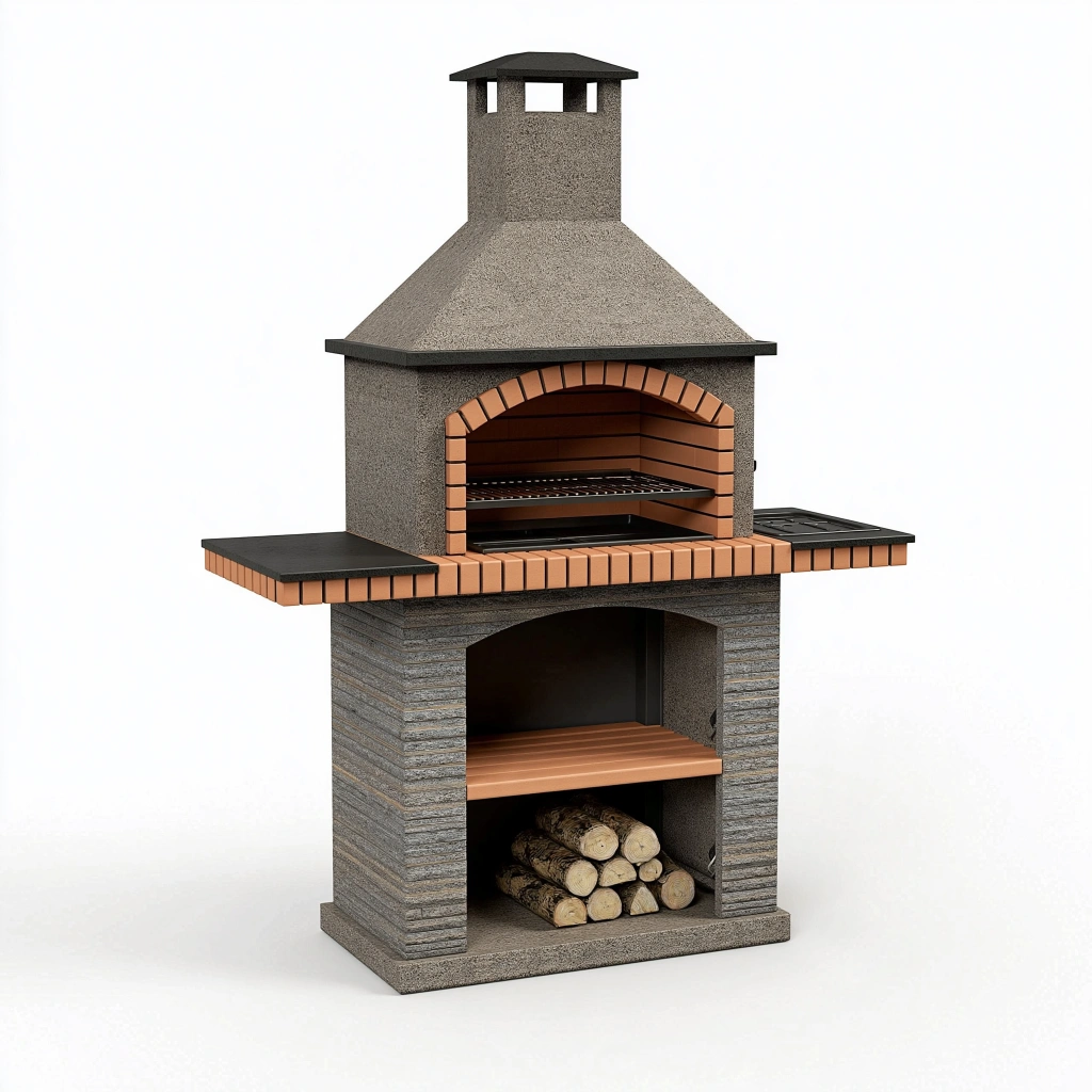 Gartenkamin Grill 180 x 75 x 235 cm aus Beton und Ziegeln mit Grillrost Holzfach