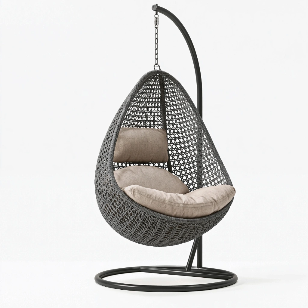 Hängesessel 105 x 105 x 195 cm aus Polyrattan in Schwarz Beige mit Stahlgestell für Innenbereiche und überdachte Außenbereiche