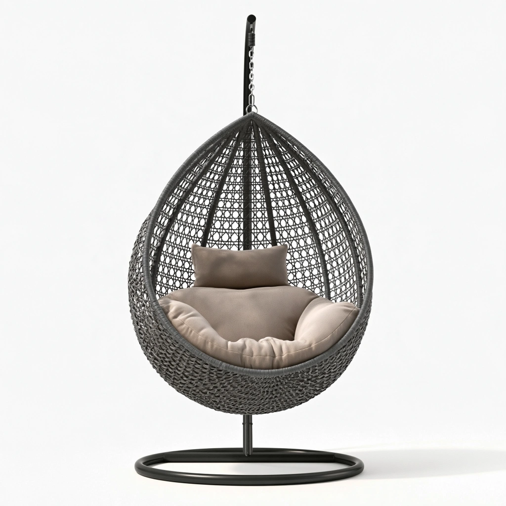 Hängesessel 105 x 105 x 195 cm aus Metall und Kunststoffgeflecht in Schwarz mit Gestell