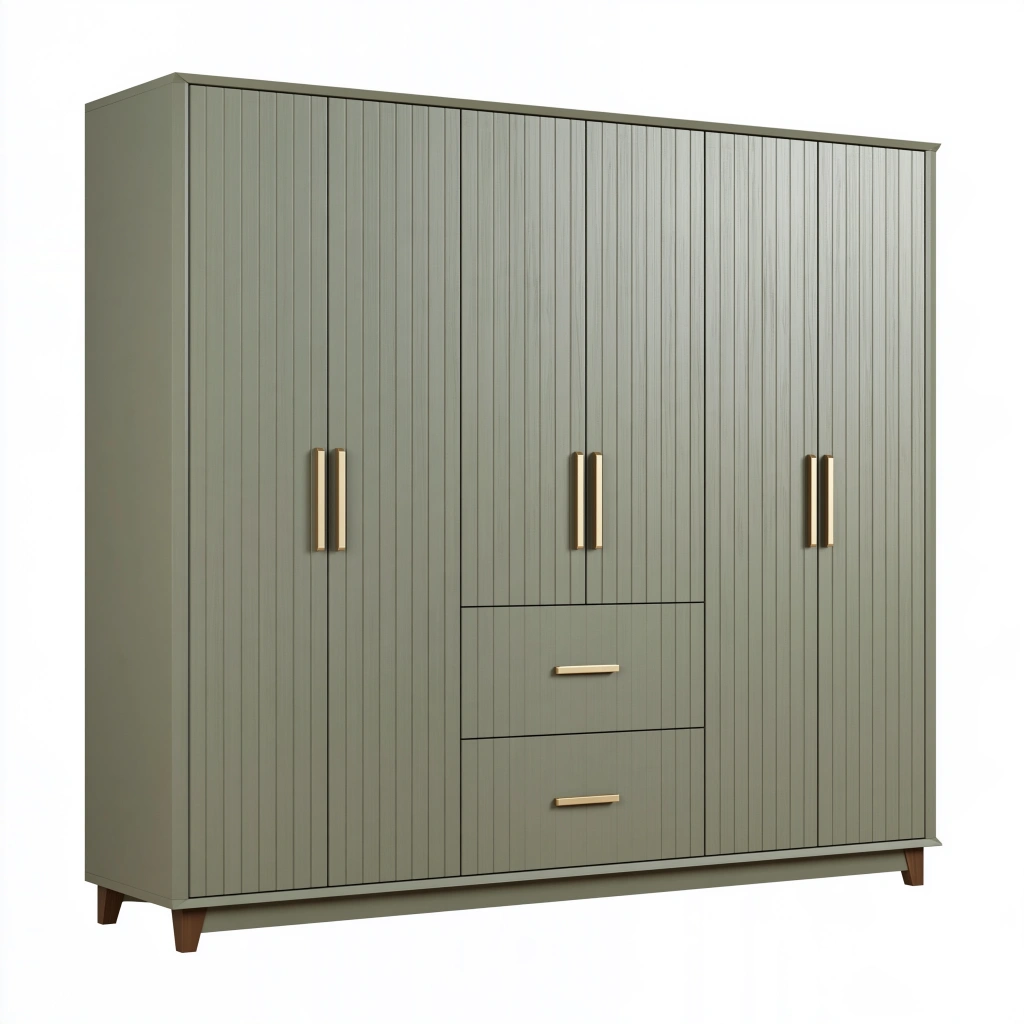 Kleiderschrank 240 x 60 x 210 cm Holzwerkstoff Olivgrün mit 6 Türen 2 Schubladen geriffeltes Design