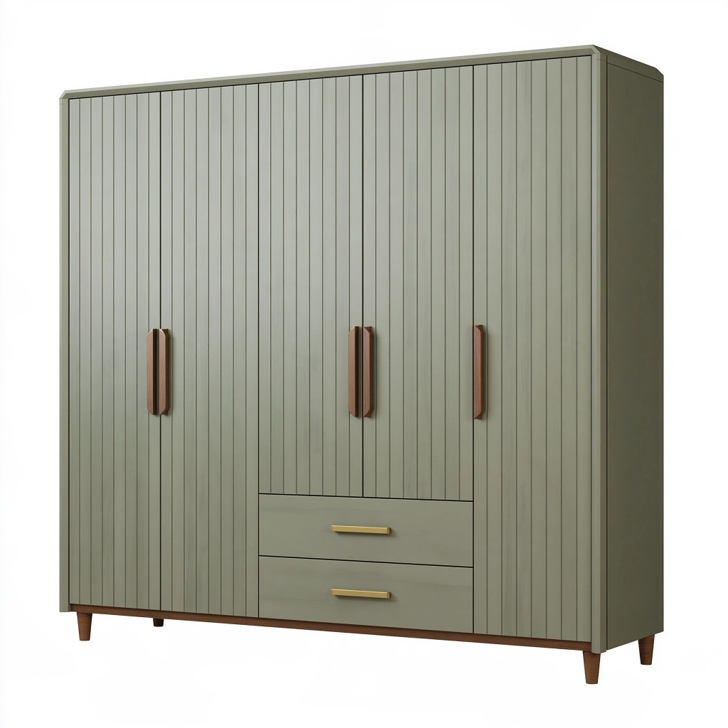 Kleiderschrank 160 x 55 x 200 cm aus Holzwerkstoff olivgrün mit 3 Türen 2 Schubladen und Lamellenfront im modernen Stil