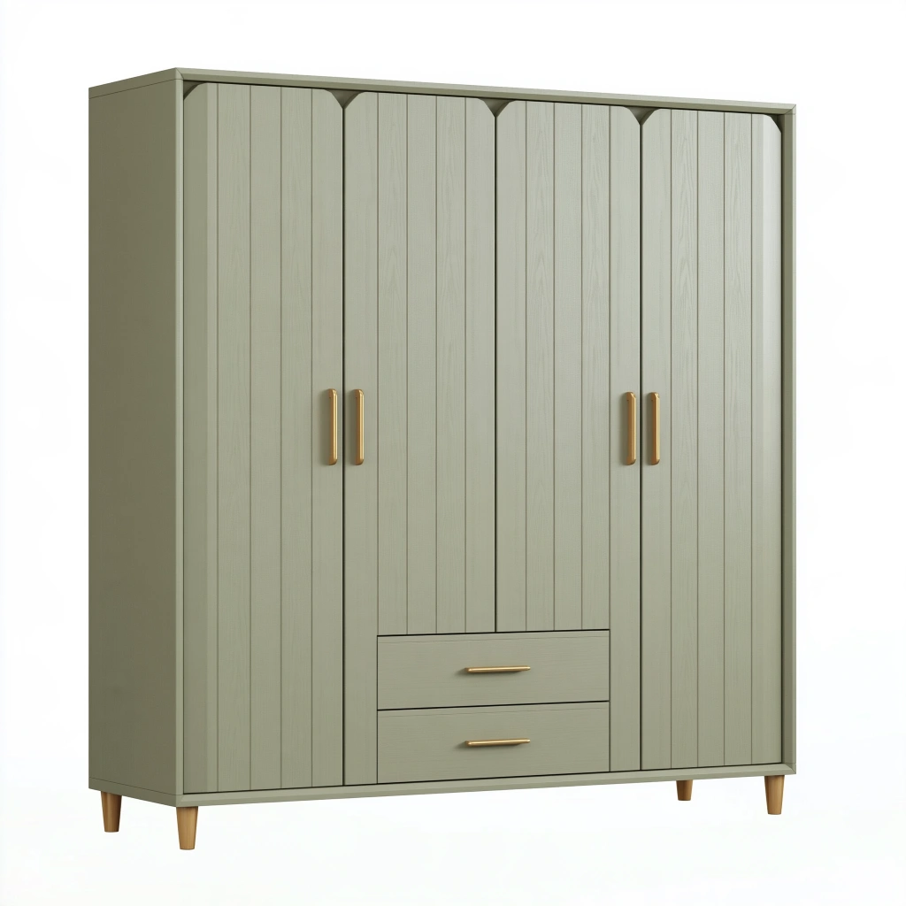 Kleiderschrank 180 x 55 x 200 cm salbeigrün aus Holzwerkstoff mit 4 Türen 2 Schubladen und Rillenoptik