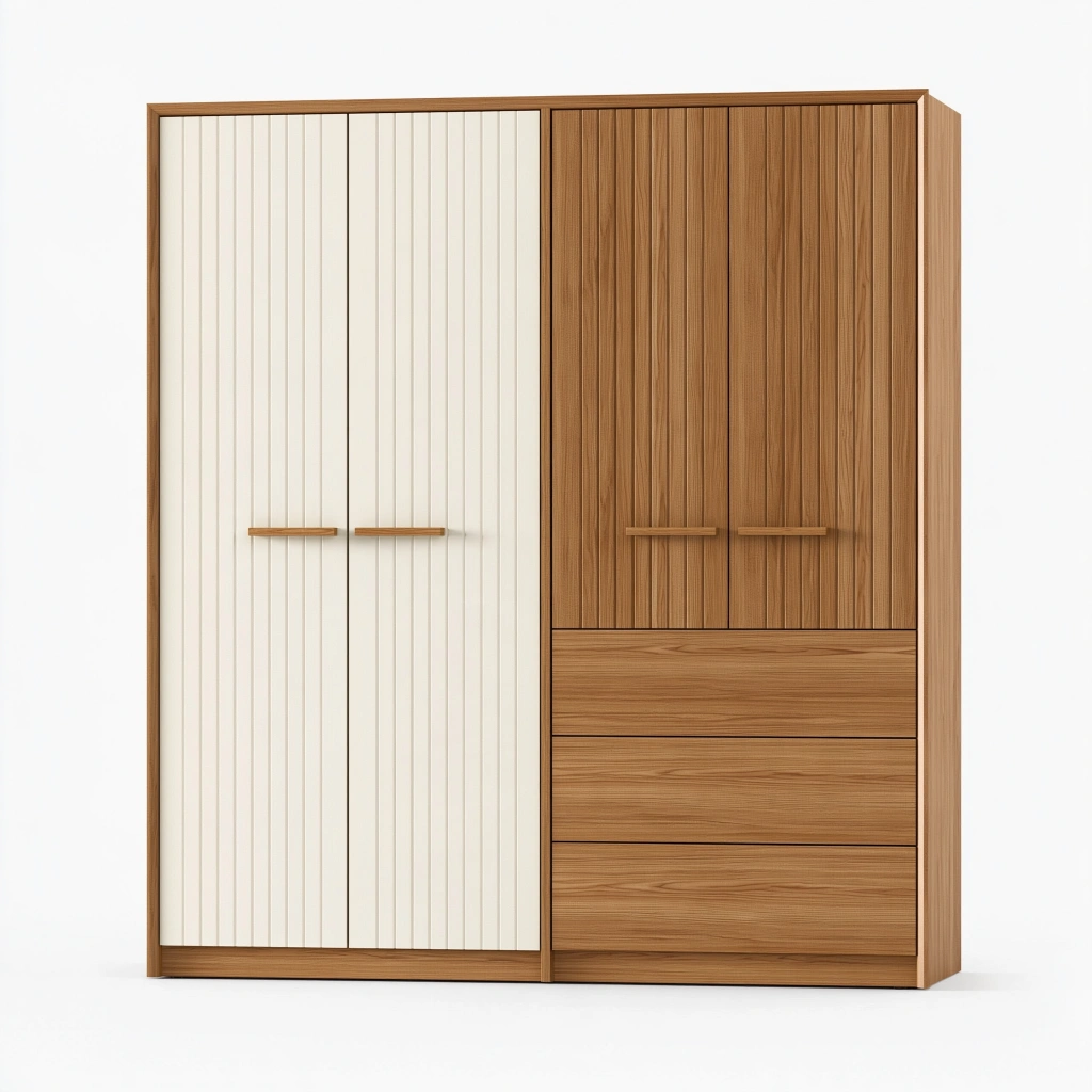 Kleiderschrank 180 x 60 x 200 cm Holzwerkstoff Naturbraun Cremeweiß geriffelte Front mit Schubladen