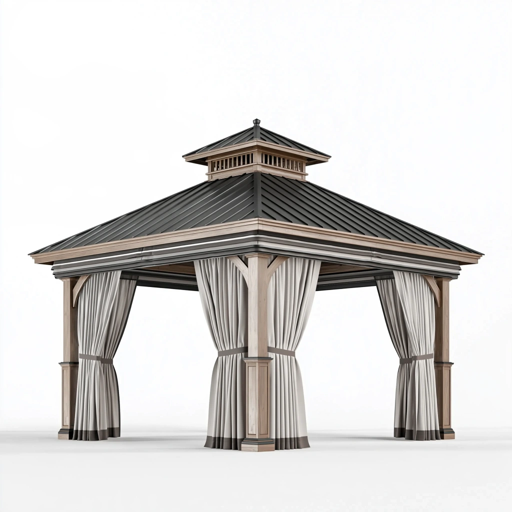 Pavillon 400 x 400 cm Metall Dunkelgrau Beige mit Vorhängen für Garten im klassischen Stil