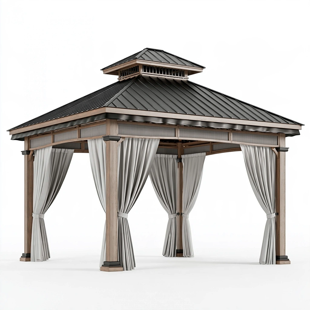 Pavillon 300 x 300 x 330 cm Holz Metall Grau Beige mit Vorhängen