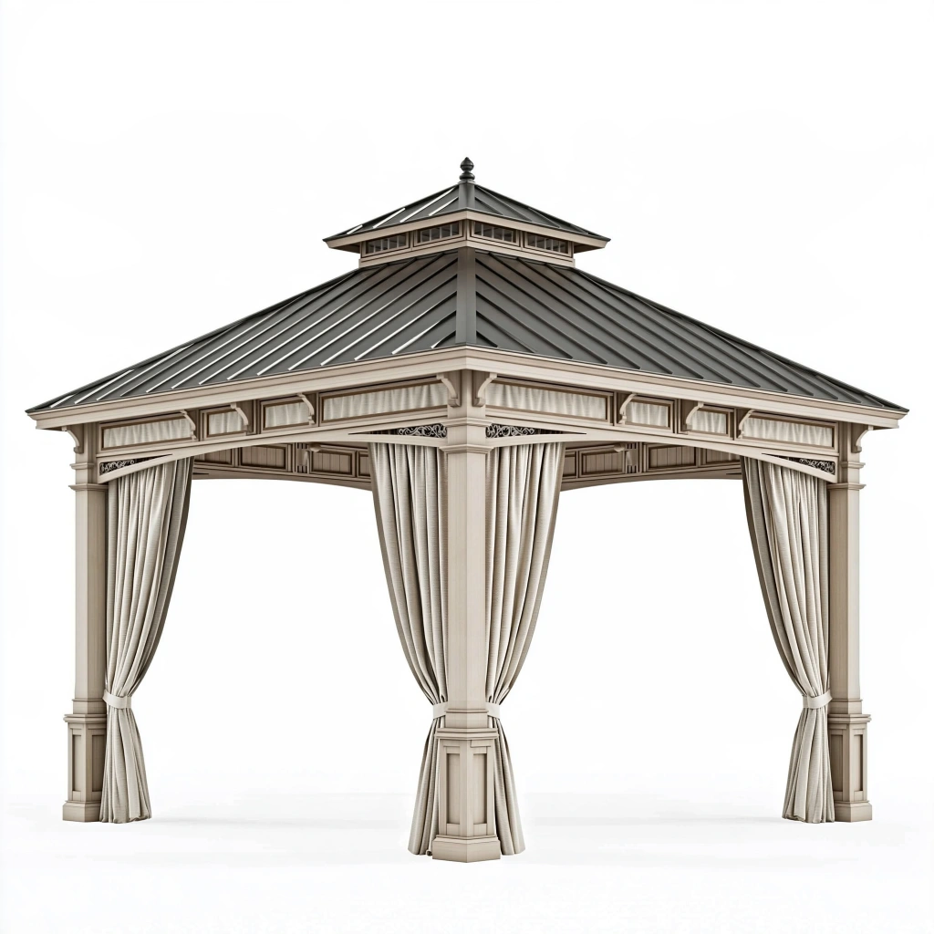 Gartenpavillon 400 x 400 cm aus Metall in Beige Schwarz mit Vorhängen im klassischen Stil